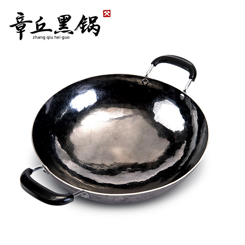章丘手工铁锅老式家用炒锅双耳熟铁锅炒锅无涂层商用圆底大铁锅
