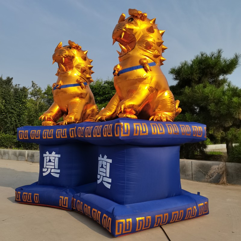 白事拱门充气金狮白事金狮蓝色气模牌楼灯笼双鹤殡葬门厅优质布料图片