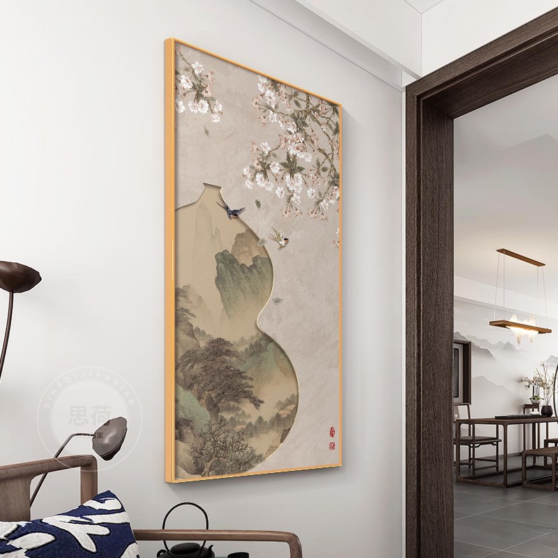 新中式花鸟山水玄关装饰画高级感正对门入户走廊背景墙挂画花瓶画