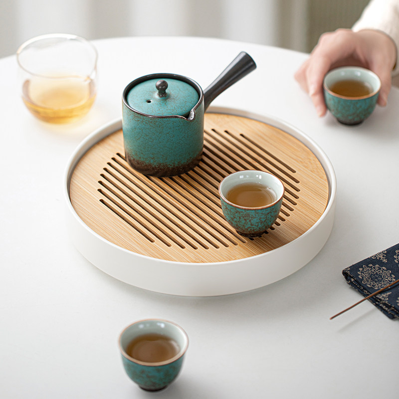 圆形茶盘家用小型陶瓷客厅竹茶托盘茶海沥水干泡茶台储水现代新款