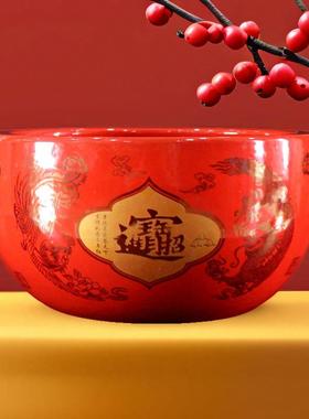 景德镇陶瓷聚宝盆红色结婚瓷盆存钱罐摆件瓷器陶罐招财聚财花盆