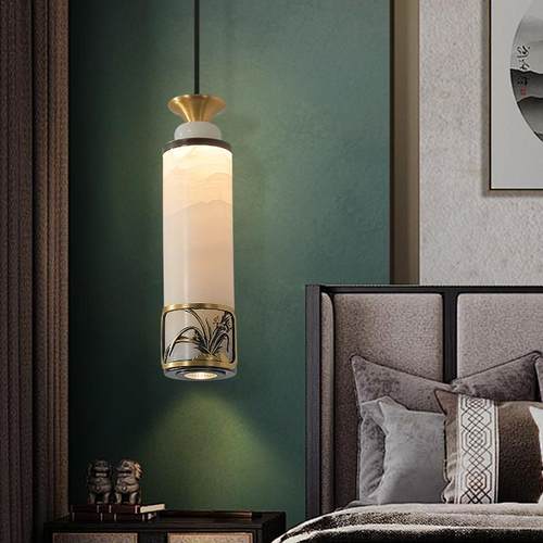 全铜玉石床头小吊新中式灯卧室饭厅长线 线灯带射灯过道茶室吊灯