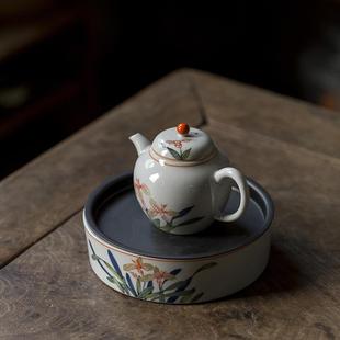 手绘鸢尾花茶壶陶瓷功夫茶具单壶家用会客泡茶壶带过滤球孔小茶壶