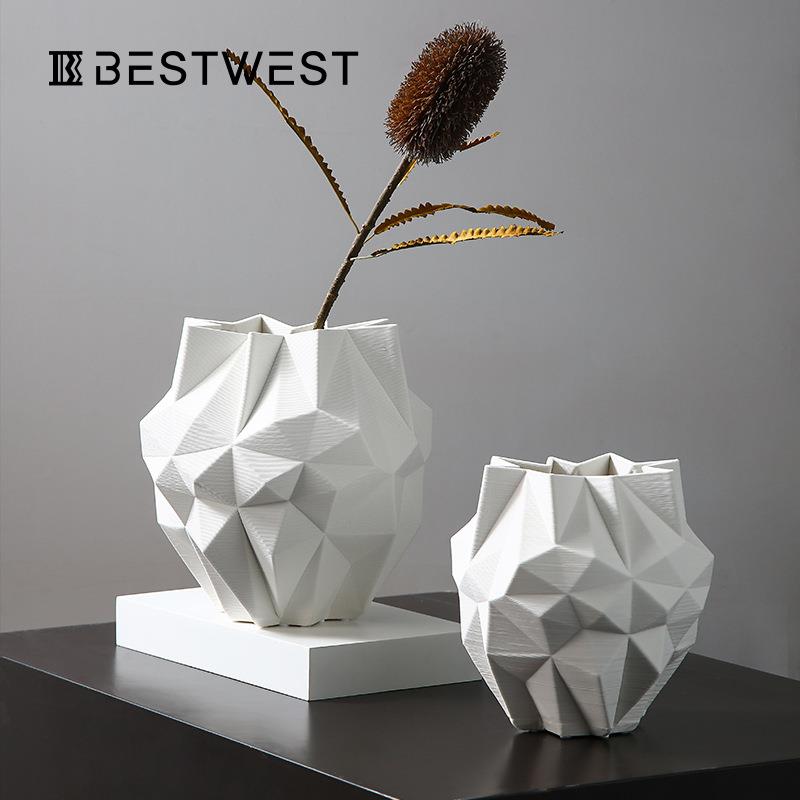 博西家居 北欧白色折纸陶瓷花瓶摆件 家居展会样板房软装饰品花盆