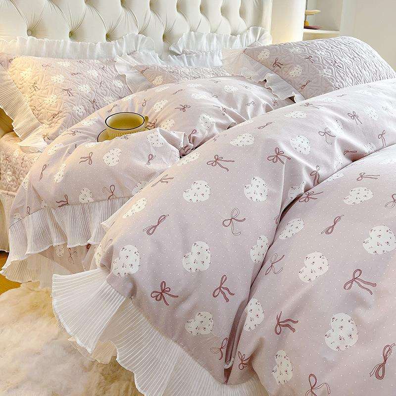 全棉蕾丝花边床盖4件套a类韩版公主风浪漫印花不透不滑夹棉单被套