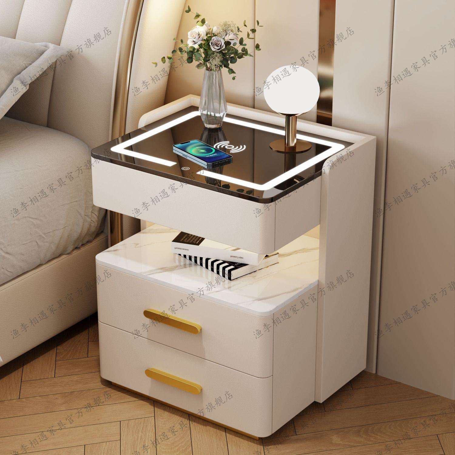 智能床头柜卧室轻奢多功能猫抓皮整装带实木抽屉柜子落地带灯绢花