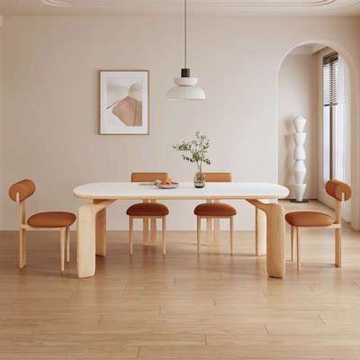 法式原木奶油风餐桌家用小户型实木岩板餐桌椅简约现代长方形桌子
