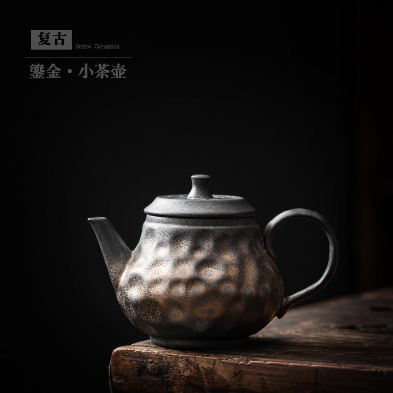 鎏金铁锈釉茶壶半手工日式陶壶复古锤纹单壶粗陶迷你泡茶壶陶瓷