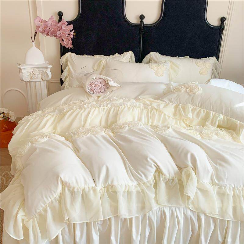 法式公主风水洗棉床裙四件套少女蕾丝花边刺绣被套宿舍床单三件套