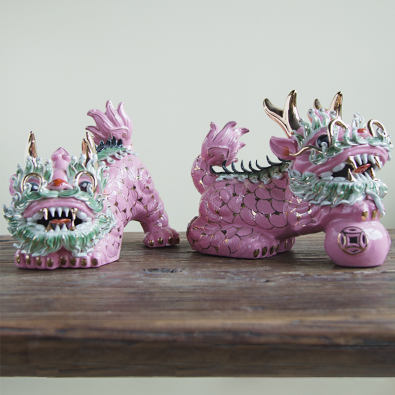 新中式东方创意时尚粉红色手绘陶瓷麒麟摆件客厅S玄关书房软装饰