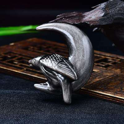 天然银曜石乌鸦摆件黑曜石原石手工雕刻件家居客厅办公室装饰