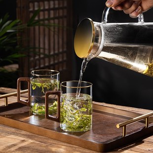 家用客厅耐高温泡绿茶水杯大容量待客喝水杯子中式 玻璃杯套装 木柄