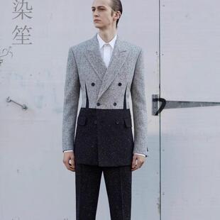 秋冬新款斑点雪花泥华达呢西装羊毛呢厚夹克男士羊绒西服套装定制