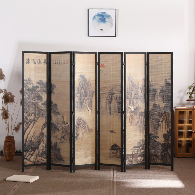 复古怀旧实木屏风隔断中式水墨竹制折屏酒店办公室双面玄关门屏风