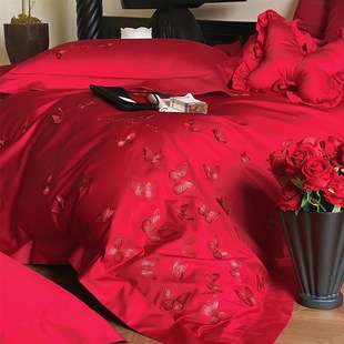 蝴蝶刺绣全棉婚庆四件套全棉100S新疆棉红色结婚被套床单床上用品