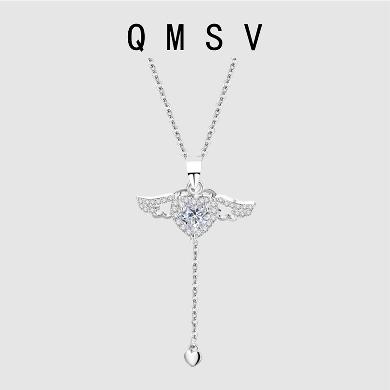 S925纯银丘比特之心天使翅膀项链