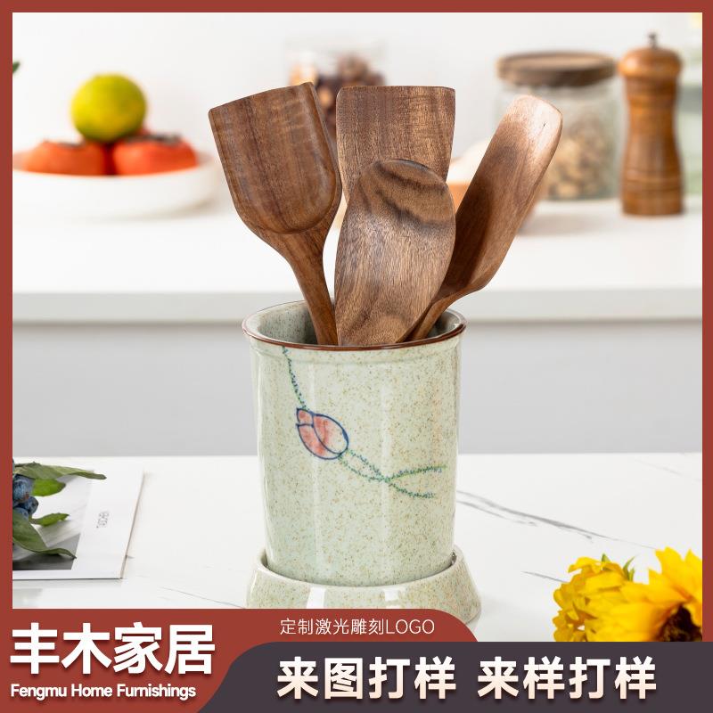 跨境丰木家居小号烹饪厨具套件四件套不粘锅铲子木质相思木