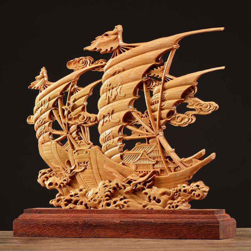 崖柏木雕一帆风顺帆船摆件实木雕刻办公室桌面工艺品前台玄关装饰
