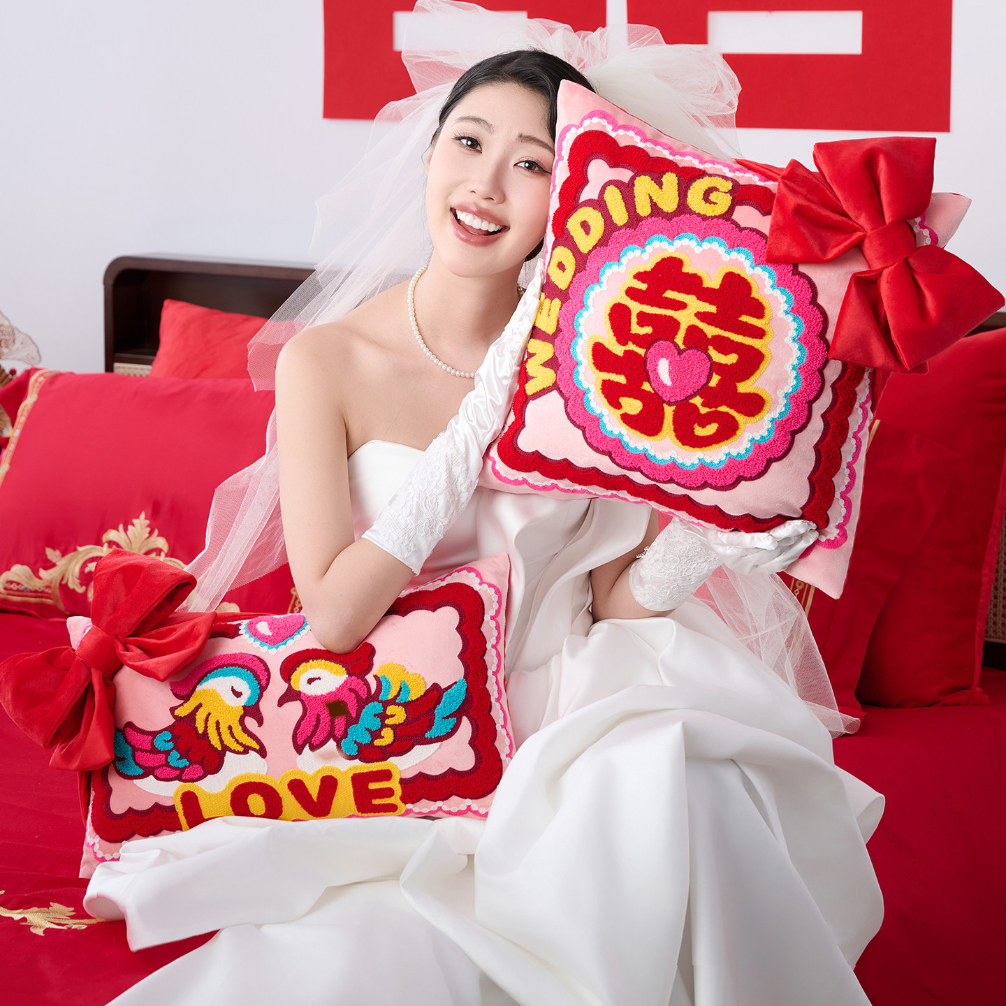 孚旺达『鸳鸯佳偶』抱枕结婚红喜字婚房装饰装扮沙发婚庆床头靠垫