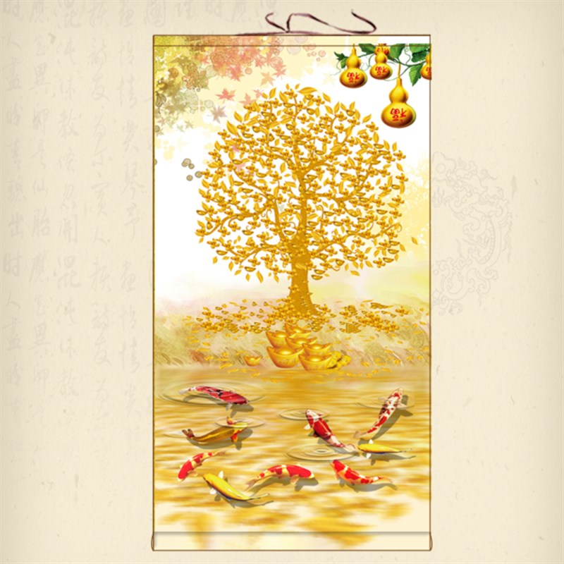 现货满屏发财树挂画办公室金钱树卷轴画客厅卧室摇钱树装饰画图片