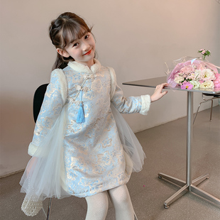 女童汉服洋装2023新款秋冬装A加绒旗袍拜年服女孩唐装儿童新年装
