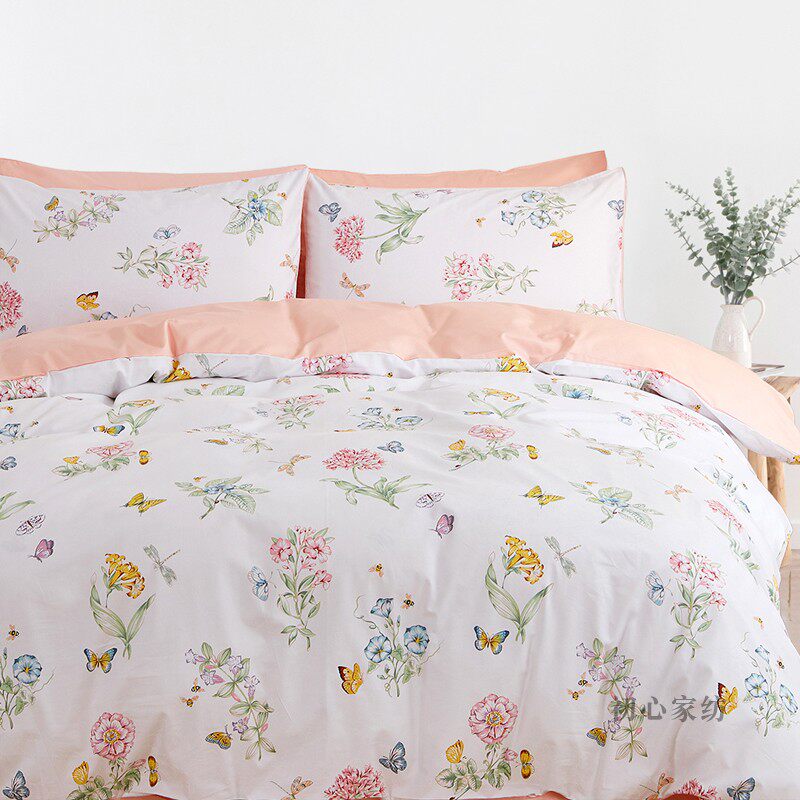 60支纯棉贡缎四件套长绒棉印花套件双人1.8被套T床单枕套花卉床品