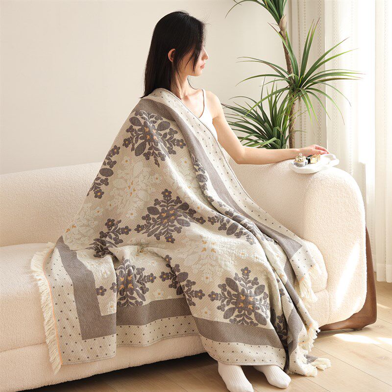 流苏纯棉纱布沙发巾盖毯四季通用空调毯柔L软成人全棉办公室午休