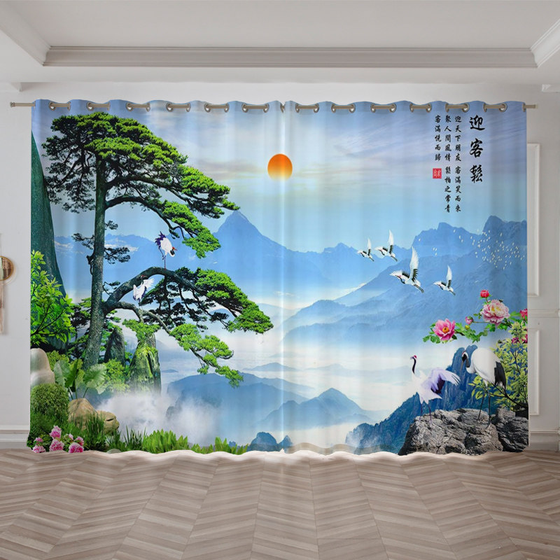 定制中式b山水风景水墨画窗帘客厅书房办公会议室遮光隔热落地窗