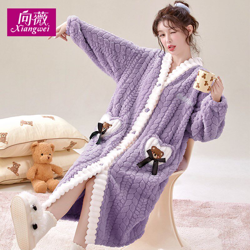 毛绒秋冬a女加绒加厚长款保暖可外穿学生家居服睡袍珊瑚绒浴袍睡