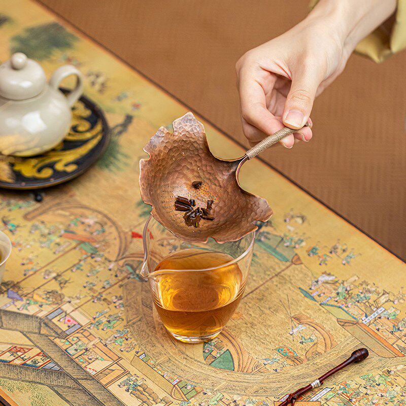 银叶杏纯手工紫铜茶漏细密过滤茶渣E中式复古茶滤公道杯滤茶器底