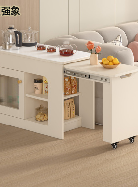 奶油风岩板茶桌带轮可伸s缩矮柜泡茶桌沙发边柜侧边柜小茶台J45