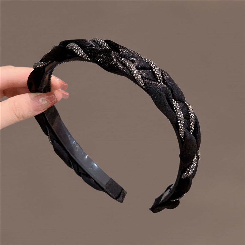 韩国发饰高级水钻麻花布艺发箍带齿秋冬头箍高P颅顶黑色发卡压发