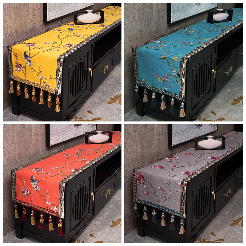 新中式电视柜台布盖布防尘罩茶几桌布桌旗中国风长U条电视机柜桌