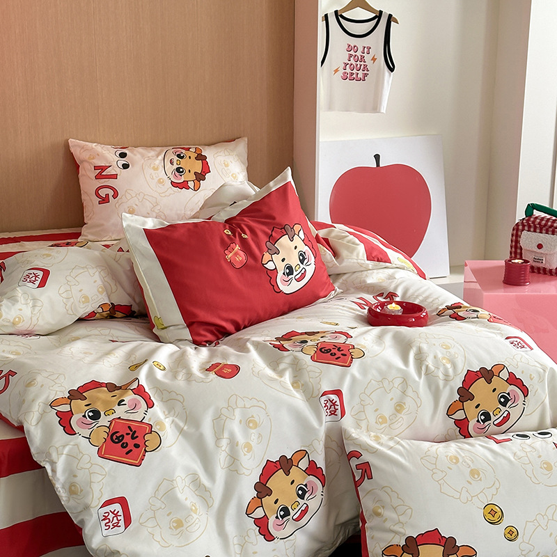 卡通大版趣味印花全棉四件套纯棉可爱少女心床单被套三件套