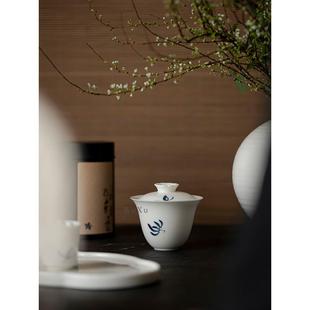 防烫三才盖碗家用泡茶碗单个敬茶碗 手绘秋水兰花陶瓷盖碗复古中式