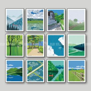 北欧风景INS简笔画抽象艺术风格客厅餐厅书房卧室艺术挂画装饰画