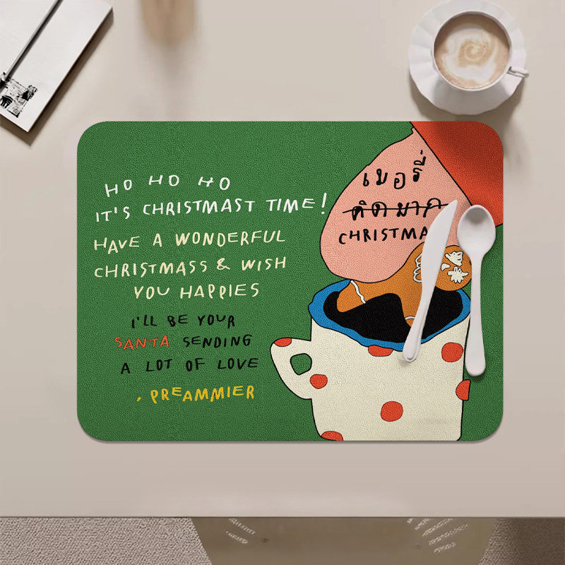 圣诞卡通厨房餐桌垫咖啡垫奶油风家用皮革沥水垫防油污防水隔热垫
