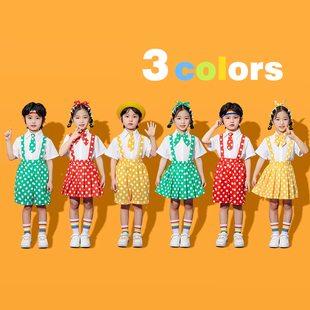 六一儿童表演服装可爱波点背带裤舞蹈服男童女童合唱啦啦队演出服