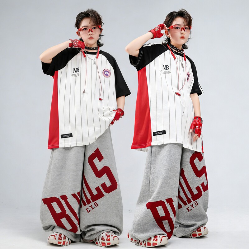 儿童街舞演出服男女童嘻哈潮服夏季运动会条纹球衣表演套装酷炫风