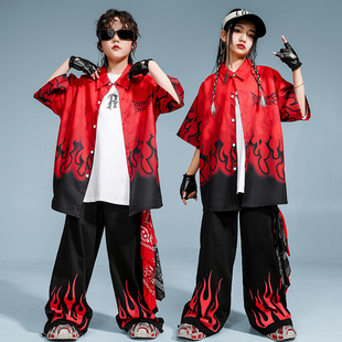 街舞儿童潮服嘻哈短袖黑红演出服男童套装hiphop女童酷帅表演服夏