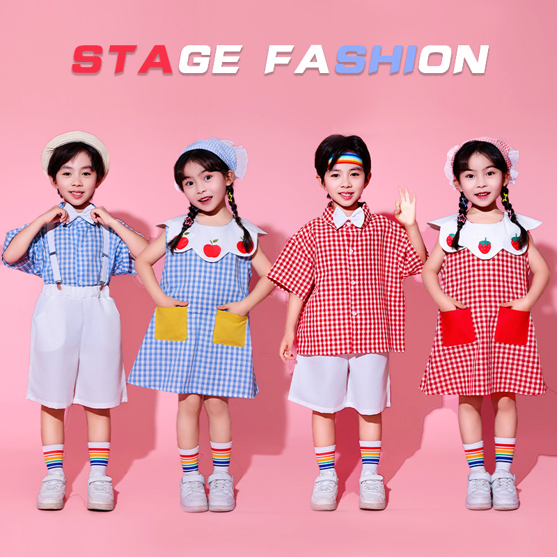 六一儿童啦啦操演出服格子连衣裙合唱服幼儿园毕业照小学生运动会