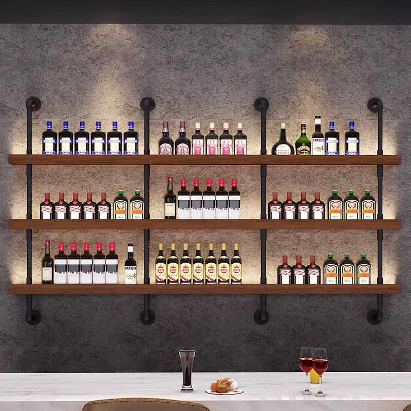 酒吧烧烤店吧台壁挂式靠墙铁艺多层实木置物架子墙上酒架餐厅KDZ