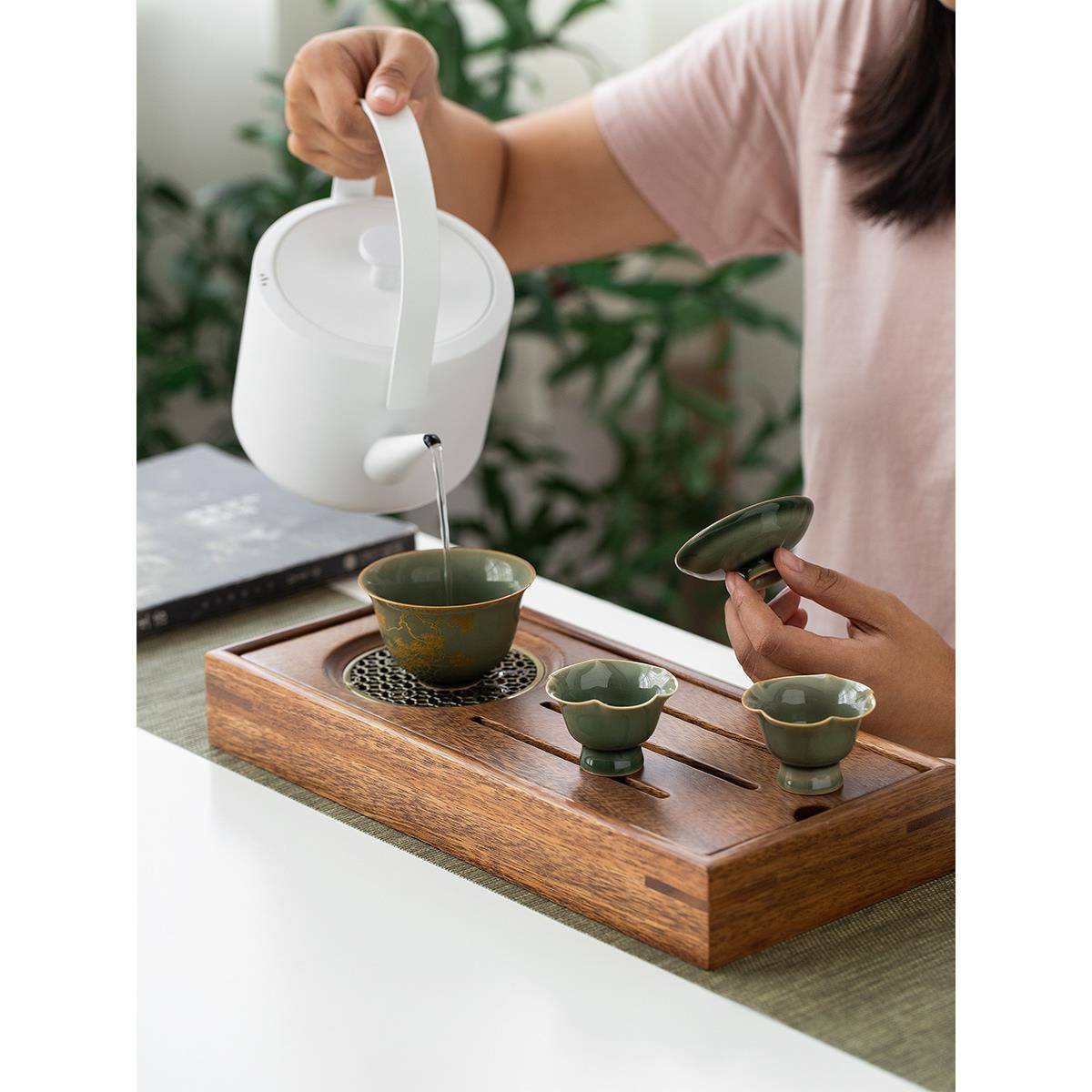 实木干泡盘胡桃木家用小型储水式茶盘茶台新中式茶海现代轻奢托盘