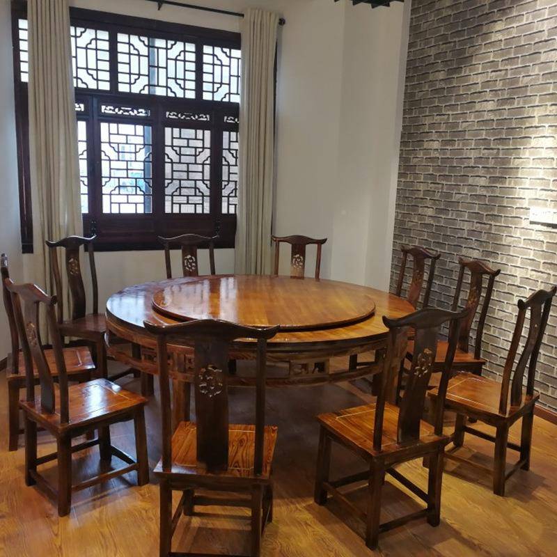 新中式实木10人电动店形餐桌圆饭店酒FNQ农家乐桌圆椅组桌合包厢