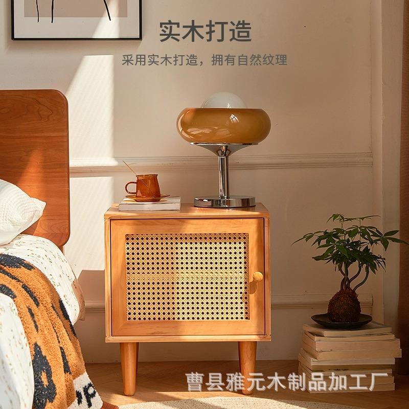 藤编床头柜实木储物柜简约现代小户型边柜家用卧室床边收纳柜角柜