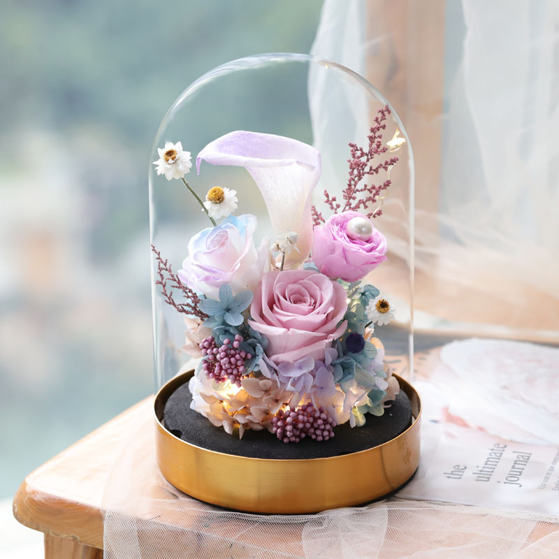 永生花粉色玫瑰礼盒真花玻璃罩摆件干花真花向日葵女友生日礼物