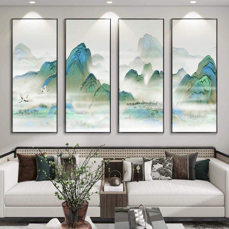 千里江山图四联画茶室背景墙挂画新中式客厅办公室青绿山水装饰画