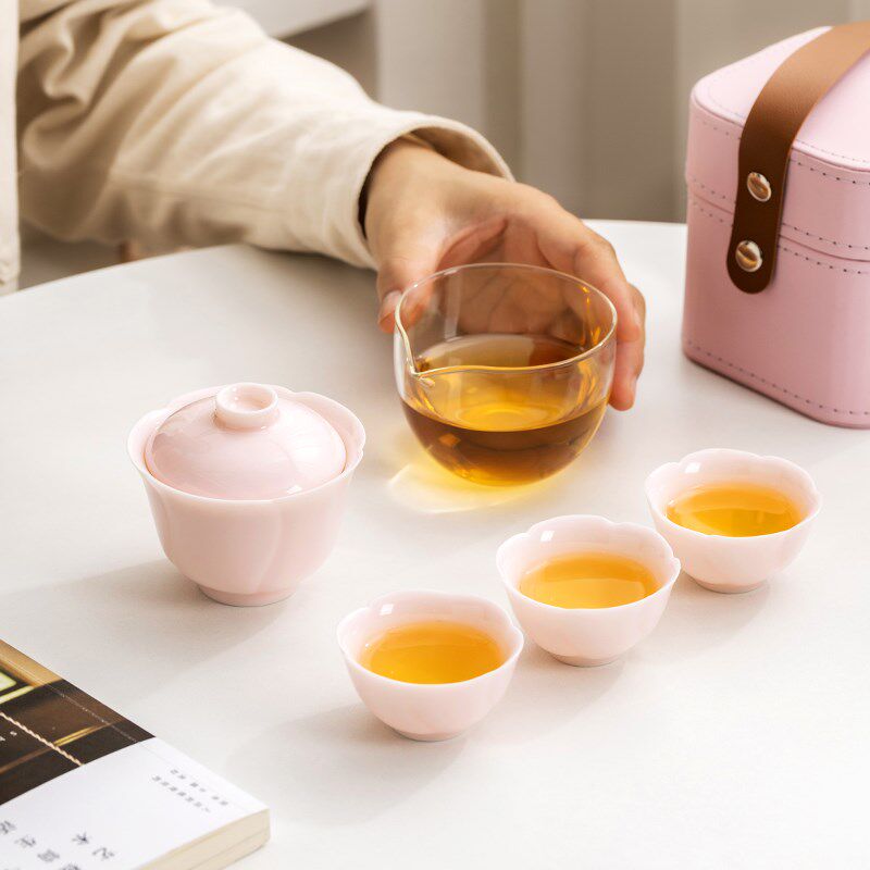 旅行茶具粉色盖碗套装单人茶碗茶杯功夫泡茶具便携式快客杯送闺蜜