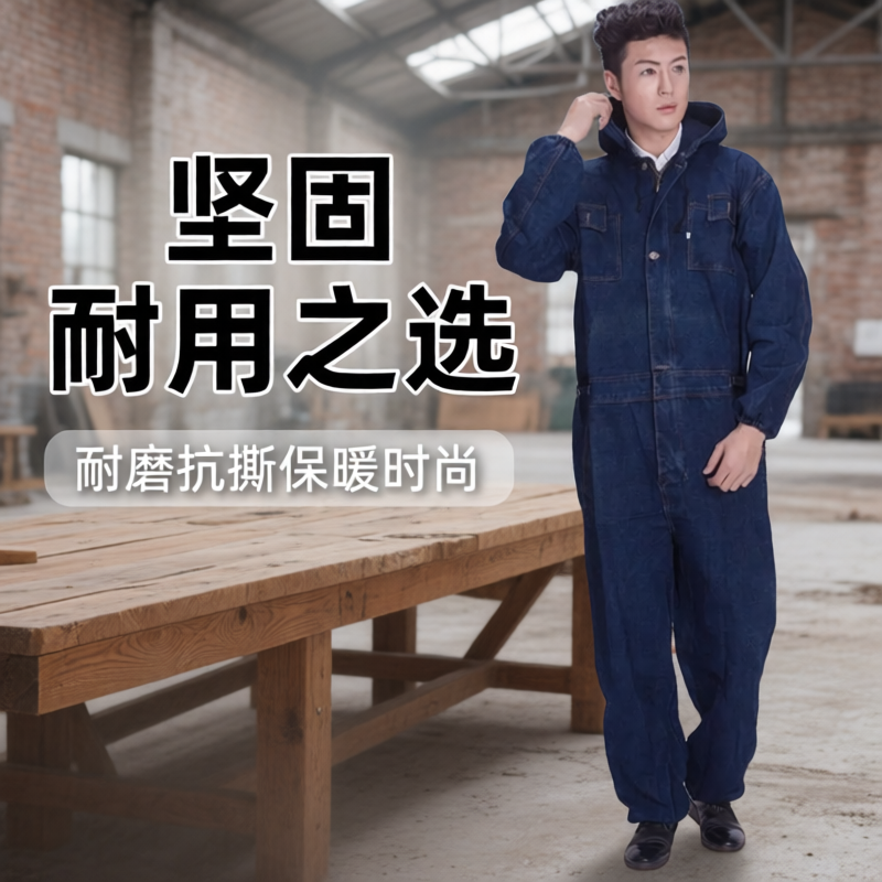 牛仔连体工作服带帽防尘服套装男电焊机修喷漆劳保防护服耐磨耐脏
