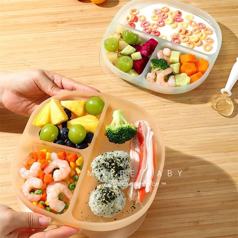 韩国ins矽胶儿童喂食餐盘婴幼儿餐具宝宝学吃饭分格吸盘式副食品